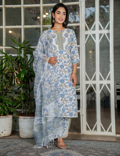 Blue-Grey Hand-Block Printed Floral Panel Cotton Straight cut Kurta Set with Embroidered Neckline and Kota Doria Dupatta - HL121