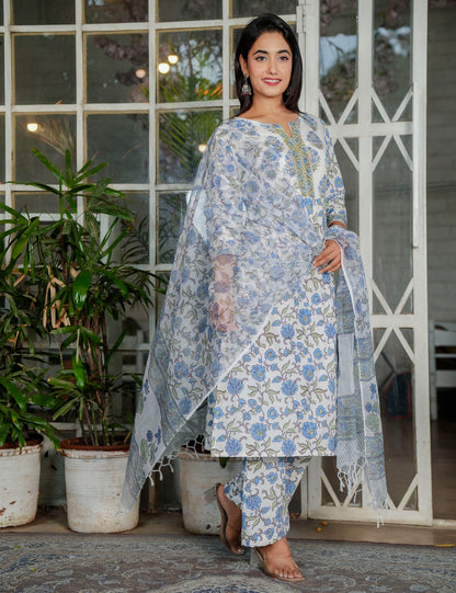 Blue-Grey Hand-Block Printed Floral Panel Cotton Straight cut Kurta Set with Embroidered Neckline and Kota Doria Dupatta - HL121