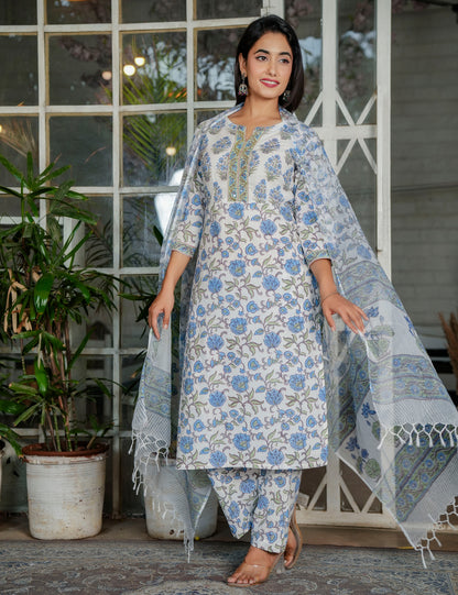 Blue-Grey Hand-Block Printed Floral Panel Cotton Straight cut Kurta Set with Embroidered Neckline and Kota Doria Dupatta - HL121