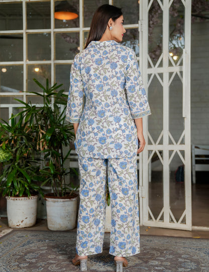 Blue Blossom Traditional Handblock Print Co-ord Set with Embroidered Neckline - HL122