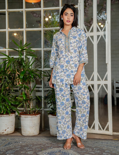 Blue Blossom Traditional Handblock Print Co-ord Set with Embroidered Neckline - HL122