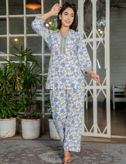 Blue Blossom Traditional Handblock Print Co-ord Set with Embroidered Neckline - HL122