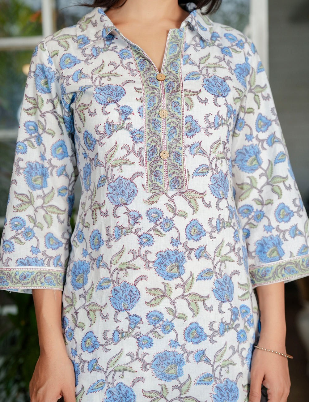 Blue Blossom Traditional Handblock Print Co-ord Set with Embroidered Neckline - HL122
