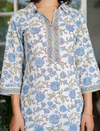 Blue Blossom Traditional Handblock Print Co-ord Set with Embroidered Neckline - HL122