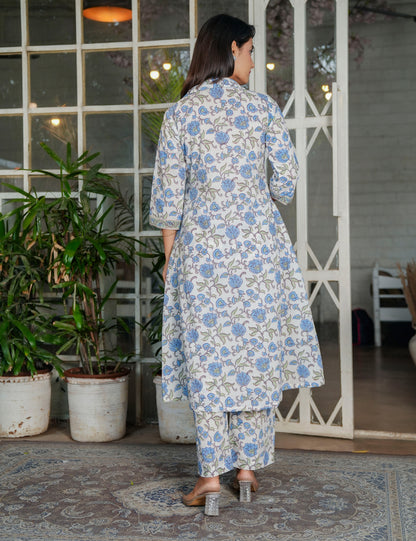 Blue Blossom Hand-Block Printed Shirt-Style Kurta Set with Button-Down Front & Pockets - HL123