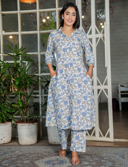 Blue Blossom Hand-Block Printed Shirt-Style Kurta Set with Button-Down Front & Pockets - HL123