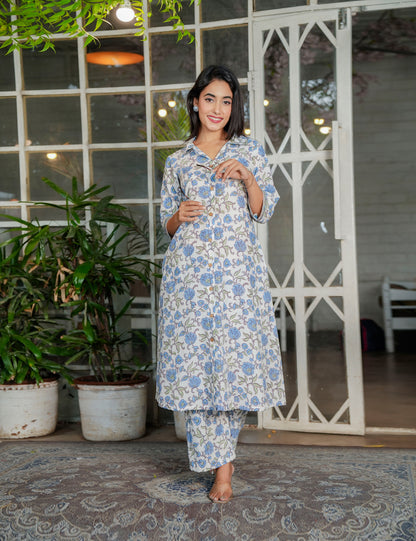 Blue Blossom Hand-Block Printed Shirt-Style Kurta Set with Button-Down Front & Pockets - HL123