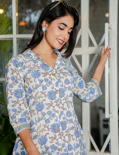Blue Blossom Hand-Block Printed Shirt-Style Kurta Set with Button-Down Front & Pockets - HL123