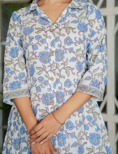 Blue Blossom Hand-Block Printed Shirt-Style Kurta Set with Button-Down Front & Pockets - HL123