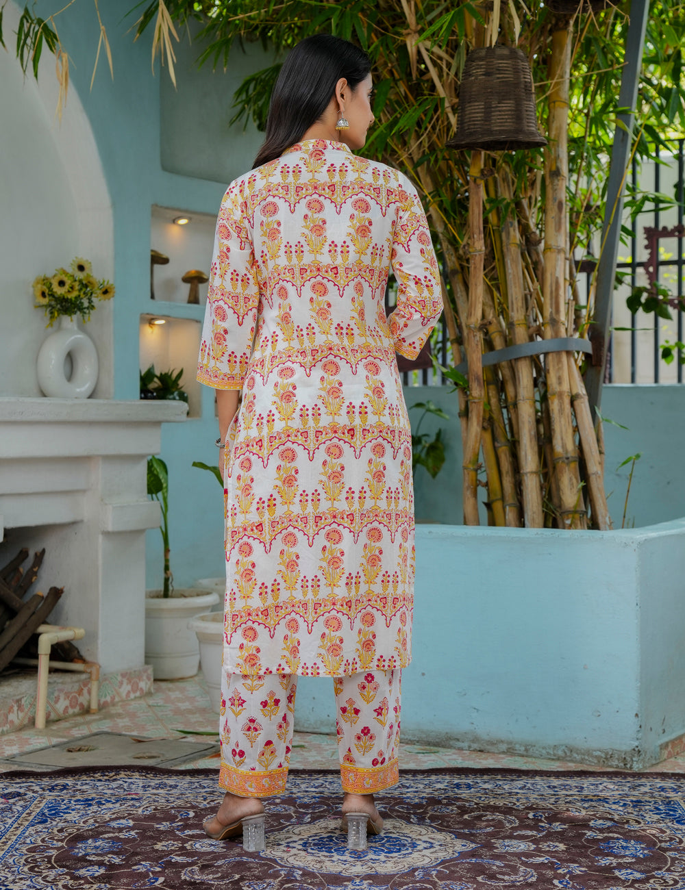 Hand Block Asymmetrical Design Printed Cotton Kurta Set with Kota Doria Dupatta - HL12