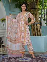 Hand Block Asymmetrical Design Printed Cotton Kurta Set with Kota Doria Dupatta - HL12