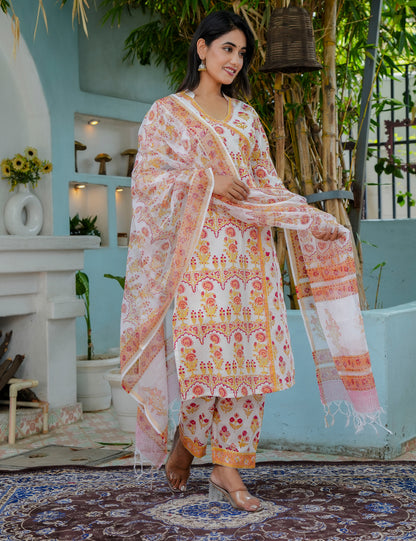 Hand Block Asymmetrical Design Printed Cotton Kurta Set with Kota Doria Dupatta - HL12