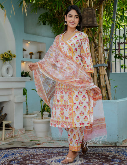 Hand Block Asymmetrical Design Printed Cotton Kurta Set with Kota Doria Dupatta - HL12
