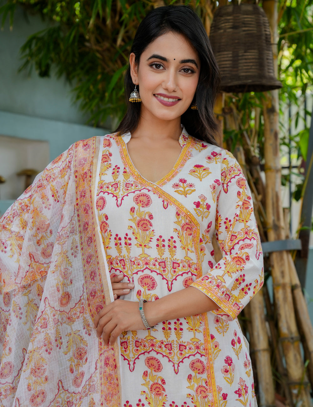 Hand Block Asymmetrical Design Printed Cotton Kurta Set with Kota Doria Dupatta - HL12