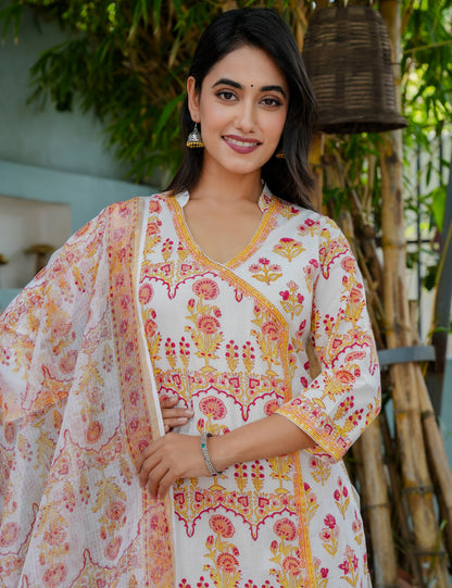 Hand Block Asymmetrical Design Printed Cotton Kurta Set with Kota Doria Dupatta - HL12
