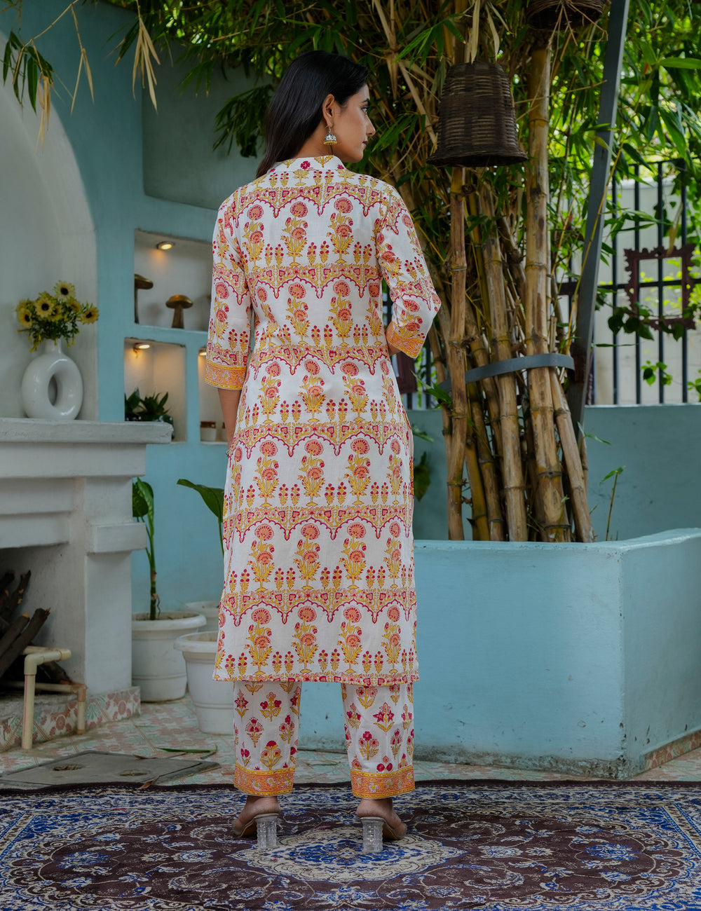 Hand Block Ethnic Floral Printed Cotton Kurta Set with Kota Doria Dupatta -HL11