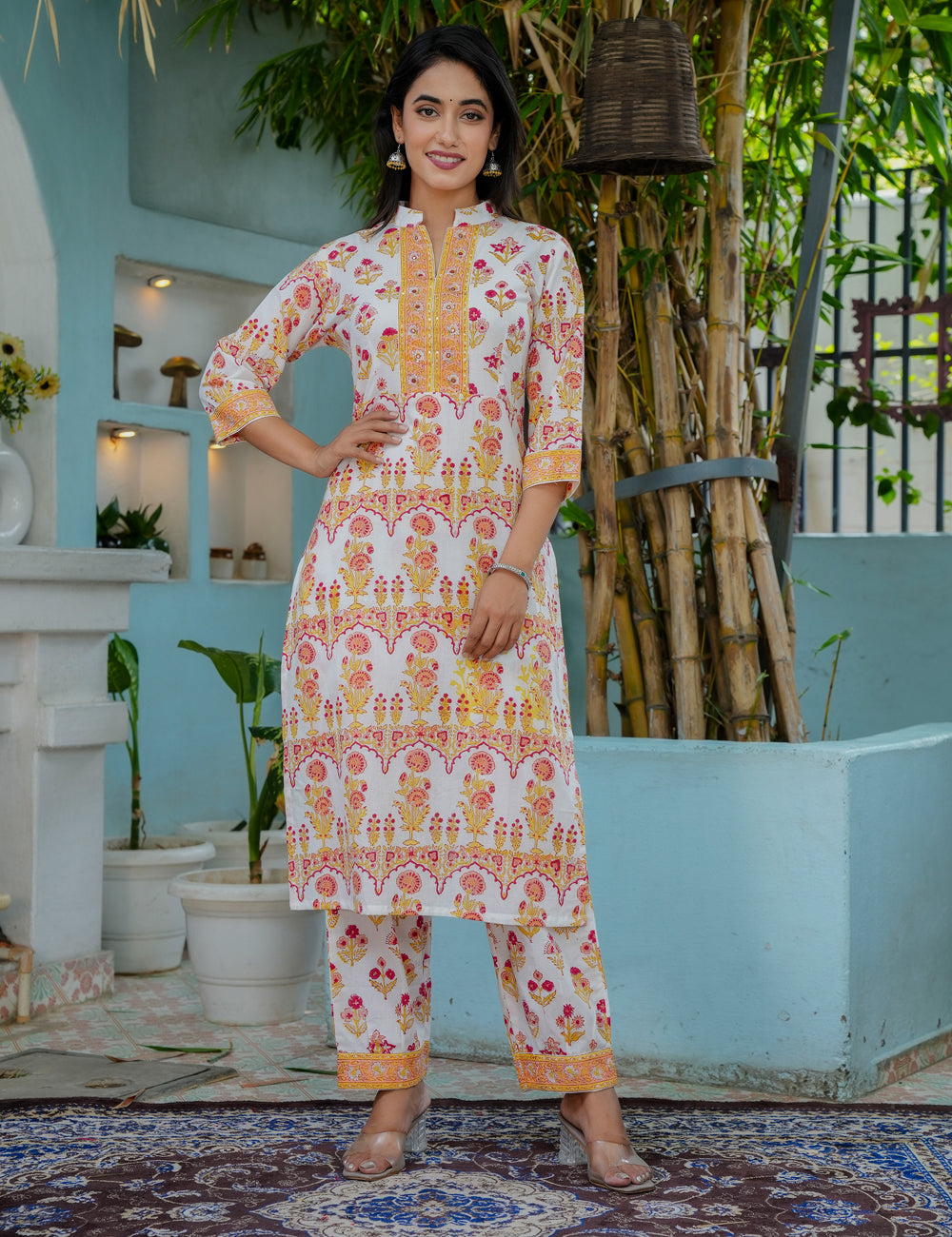 Hand Block Ethnic Floral Printed Cotton Kurta Set with Kota Doria Dupatta -HL11