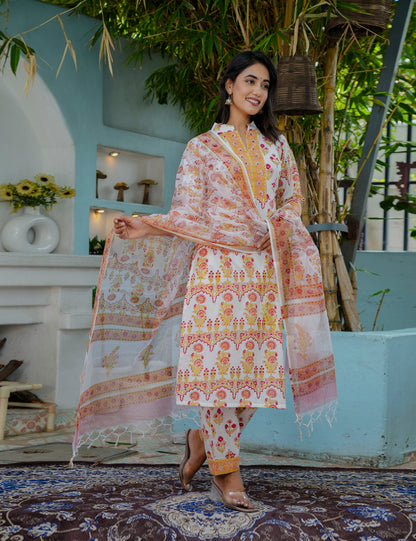 Hand Block Ethnic Floral Printed Cotton Kurta Set with Kota Doria Dupatta -HL11