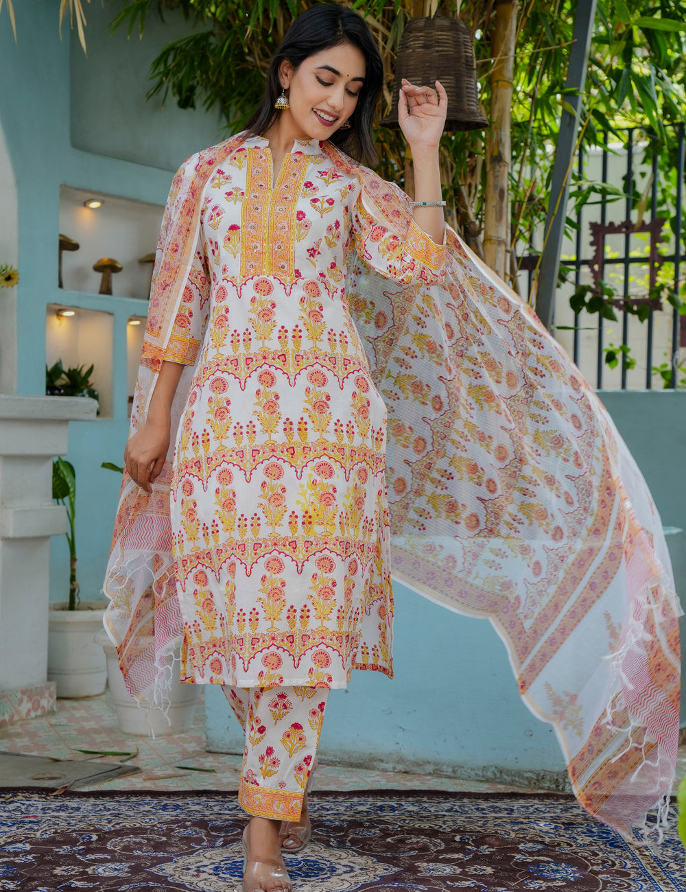 Hand Block Ethnic Floral Printed Cotton Kurta Set with Kota Doria Dupatta -HL11
