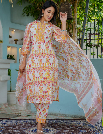 Hand Block Ethnic Floral Printed Cotton Kurta Set with Kota Doria Dupatta -HL11