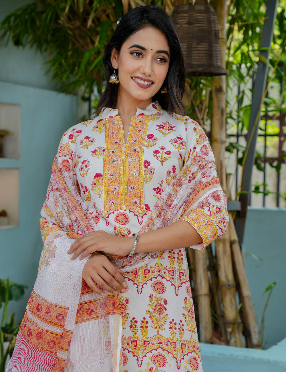Hand Block Ethnic Floral Printed Cotton Kurta Set with Kota Doria Dupatta -HL11