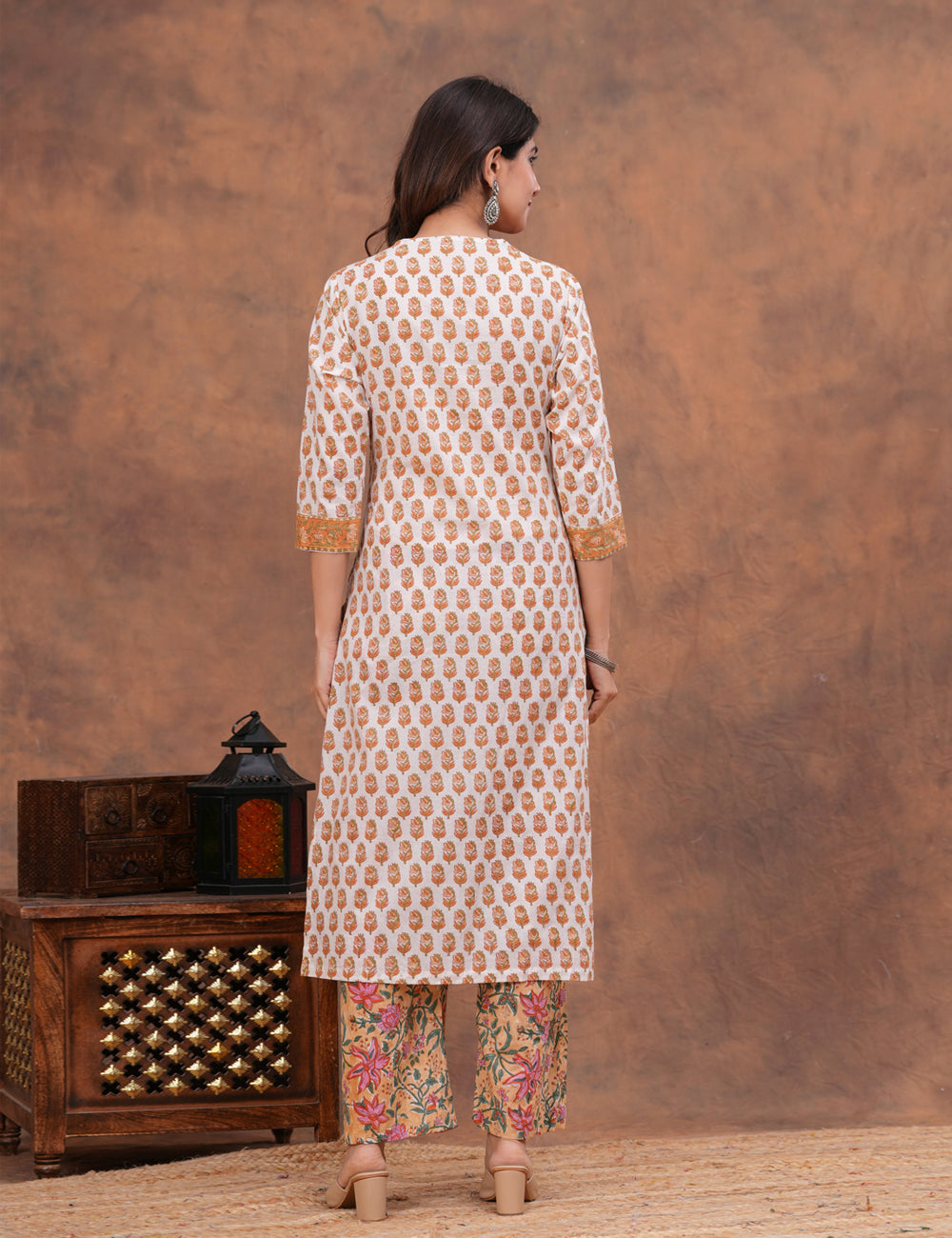 White base floral Hand-Block Printed Cotton Kurta Set with Kota Doria Dupatta - HL144