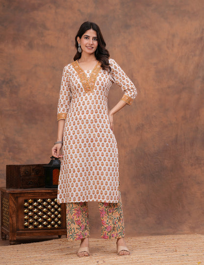 White base floral Hand-Block Printed Cotton Kurta Set with Kota Doria Dupatta - HL144