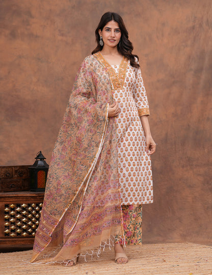 White base floral Hand-Block Printed Cotton Kurta Set with Kota Doria Dupatta - HL144