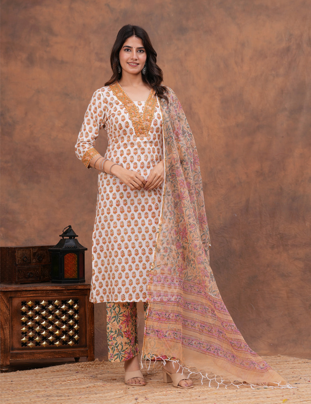 White base floral Hand-Block Printed Cotton Kurta Set with Kota Doria Dupatta - HL144