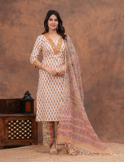 White base floral Hand-Block Printed Cotton Kurta Set with Kota Doria Dupatta - HL144
