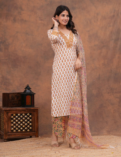 White base floral Hand-Block Printed Cotton Kurta Set with Kota Doria Dupatta - HL144
