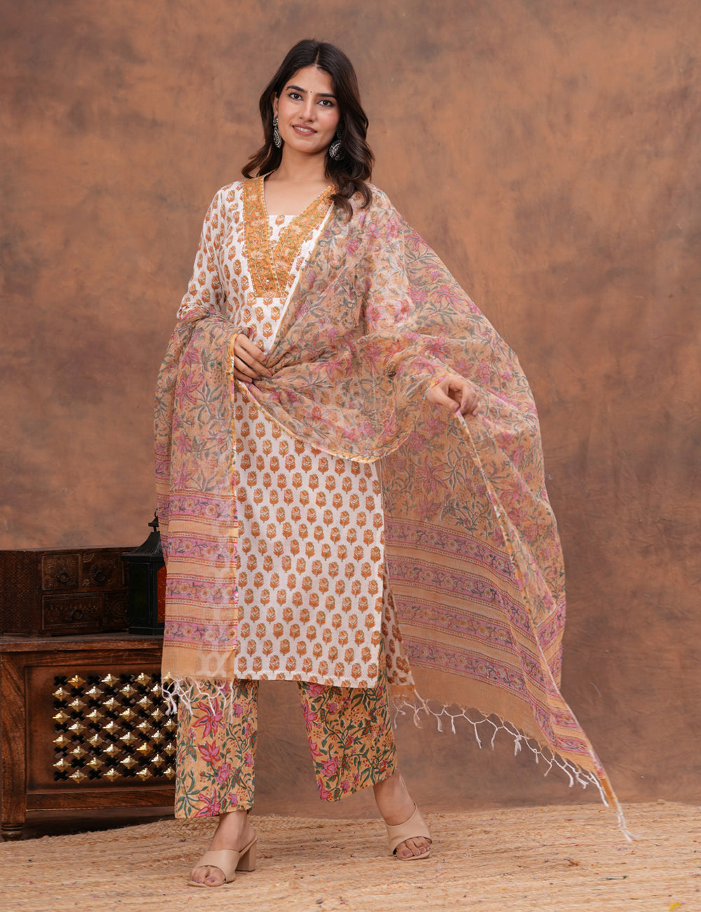 White base floral Hand-Block Printed Cotton Kurta Set with Kota Doria Dupatta - HL144
