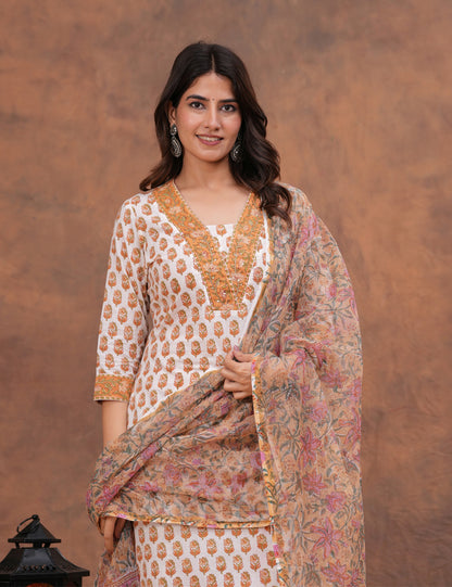 White base floral Hand-Block Printed Cotton Kurta Set with Kota Doria Dupatta - HL144