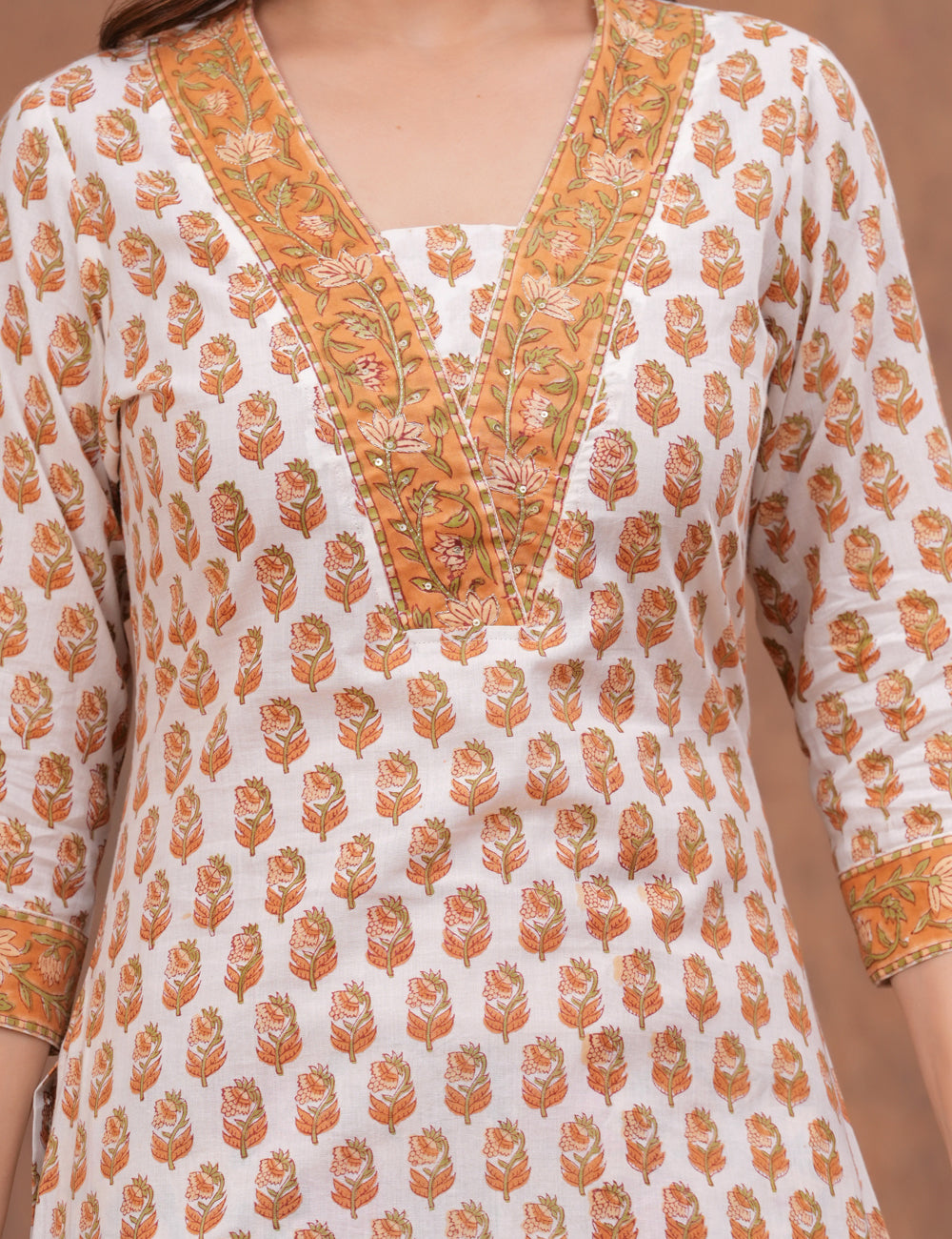 White base floral Hand-Block Printed Cotton Kurta Set with Kota Doria Dupatta - HL144