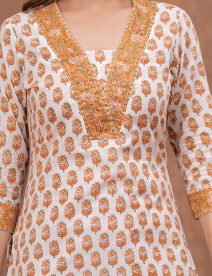 White base floral Hand-Block Printed Cotton Kurta Set with Kota Doria Dupatta - HL144