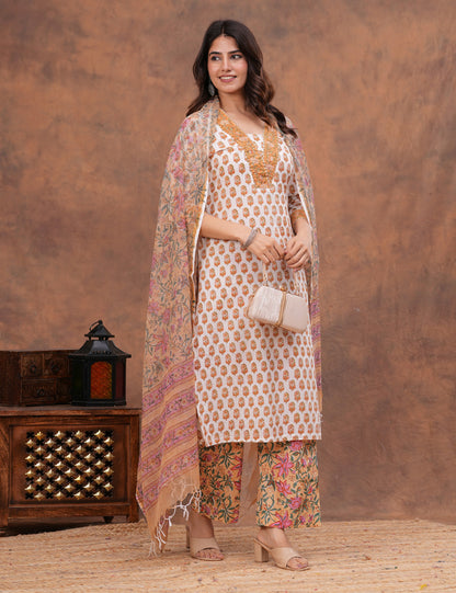 White base floral Hand-Block Printed Cotton Kurta Set with Kota Doria Dupatta - HL144