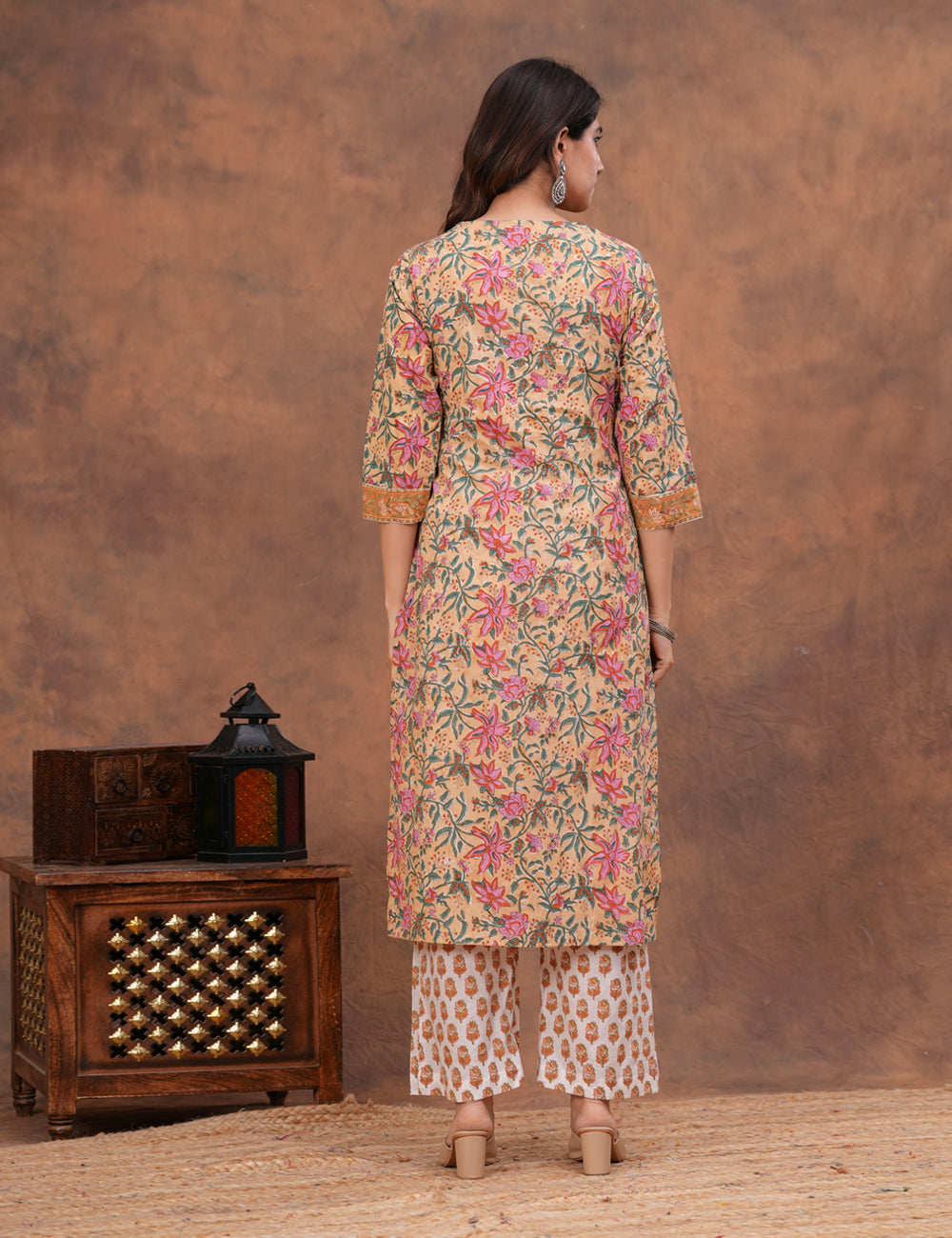 Beige base with an intricate all-over floral Hand-Block Printed Cotton Kurta Set with Kota Doria Dupatta - HL145