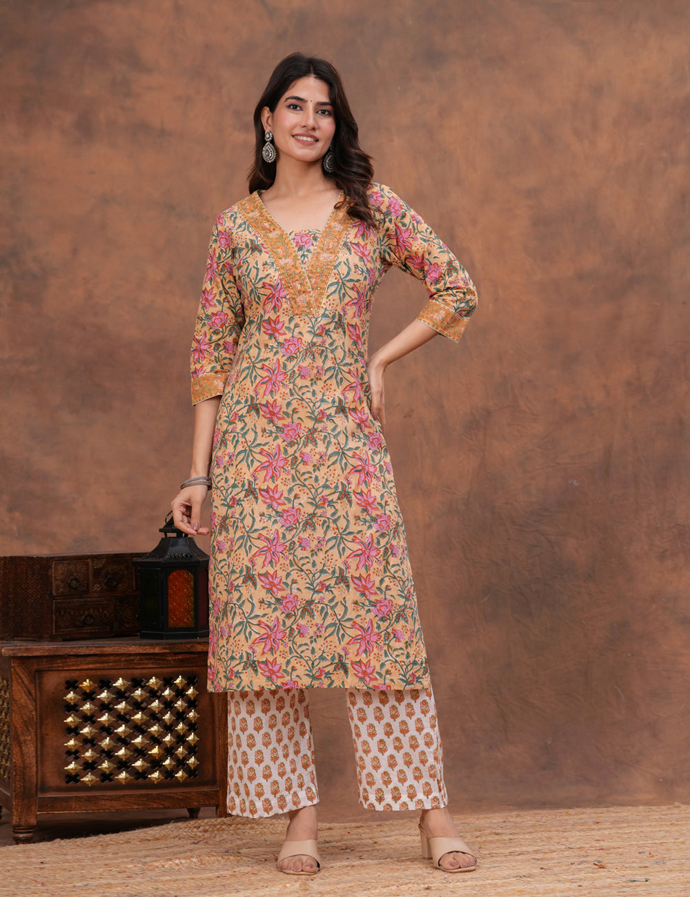 Beige base with an intricate all-over floral Hand-Block Printed Cotton Kurta Set with Kota Doria Dupatta - HL145