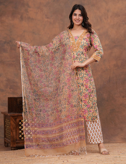 Beige base with an intricate all-over floral Hand-Block Printed Cotton Kurta Set with Kota Doria Dupatta - HL145