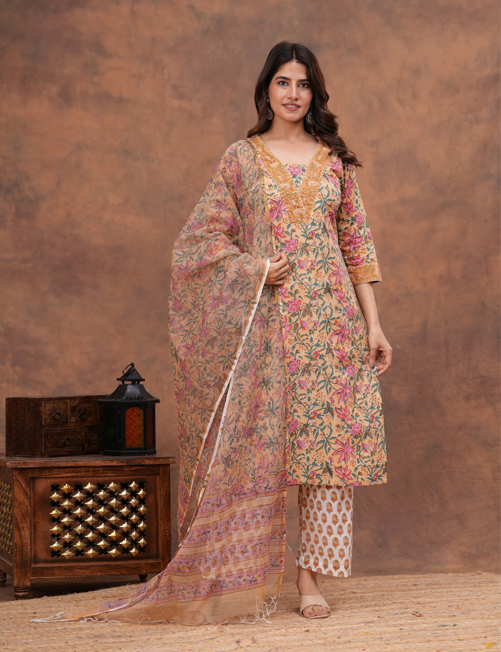 Beige base with an intricate all-over floral Hand-Block Printed Cotton Kurta Set with Kota Doria Dupatta - HL145