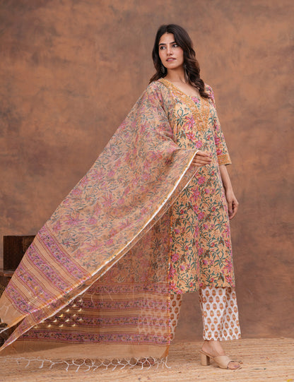 Beige base with an intricate all-over floral Hand-Block Printed Cotton Kurta Set with Kota Doria Dupatta - HL145