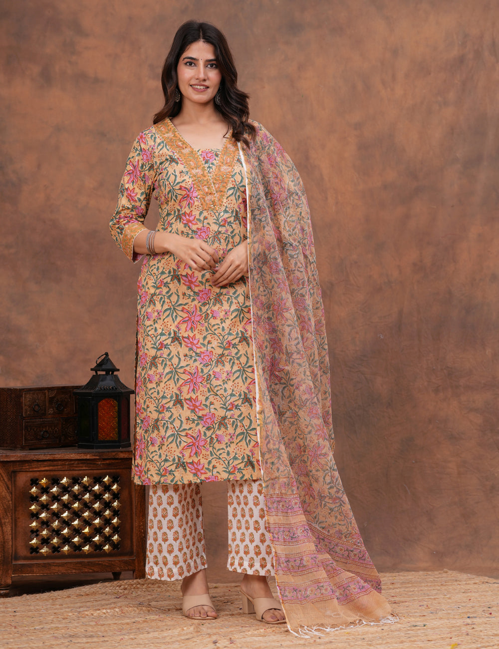 Beige base with an intricate all-over floral Hand-Block Printed Cotton Kurta Set with Kota Doria Dupatta - HL145