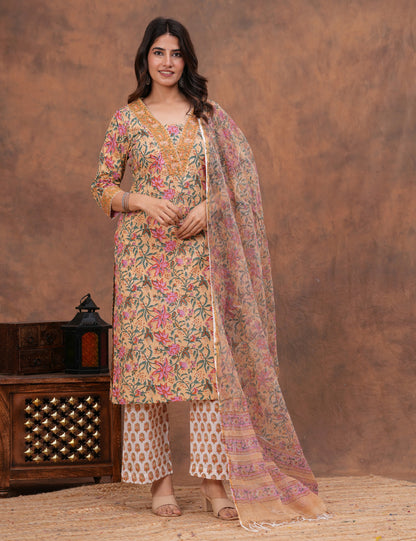 Beige base with an intricate all-over floral Hand-Block Printed Cotton Kurta Set with Kota Doria Dupatta - HL145