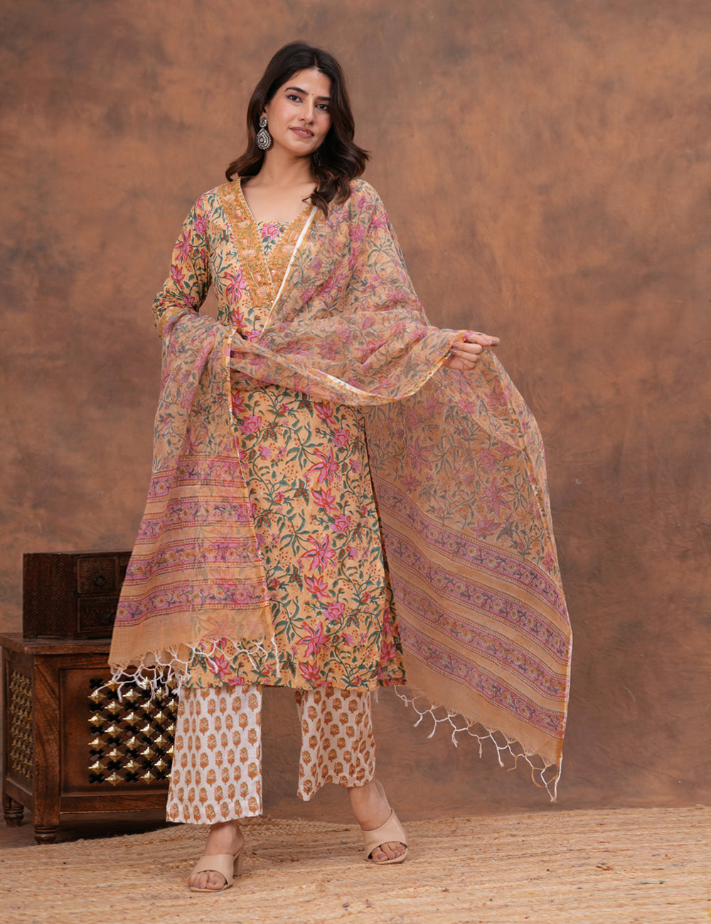 Beige base with an intricate all-over floral Hand-Block Printed Cotton Kurta Set with Kota Doria Dupatta - HL145