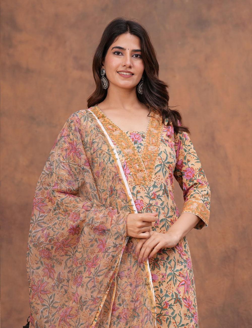 Beige base with an intricate all-over floral Hand-Block Printed Cotton Kurta Set with Kota Doria Dupatta - HL145