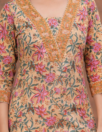 Beige base with an intricate all-over floral Hand-Block Printed Cotton Kurta Set with Kota Doria Dupatta - HL145