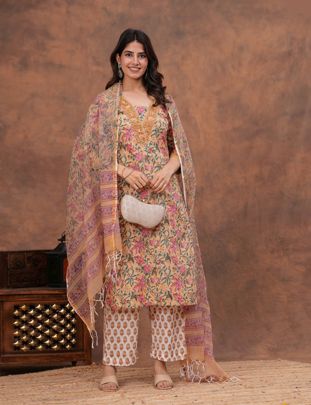 Beige base with an intricate all-over floral Hand-Block Printed Cotton Kurta Set with Kota Doria Dupatta - HL145
