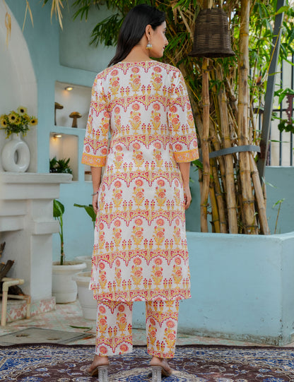 Hand-Block Floral Kurta Set with Kota Doria Dupatta - HL14