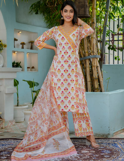Hand-Block Floral Kurta Set with Kota Doria Dupatta - HL14