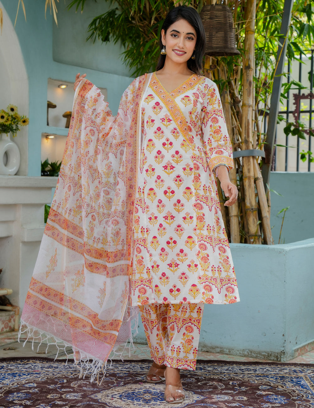 Hand-Block Floral Kurta Set with Kota Doria Dupatta - HL14